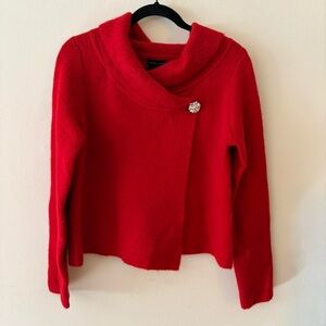 Adrienne Vittadini Red Cowl Neck Sweater with Rhinestone Brooch Button